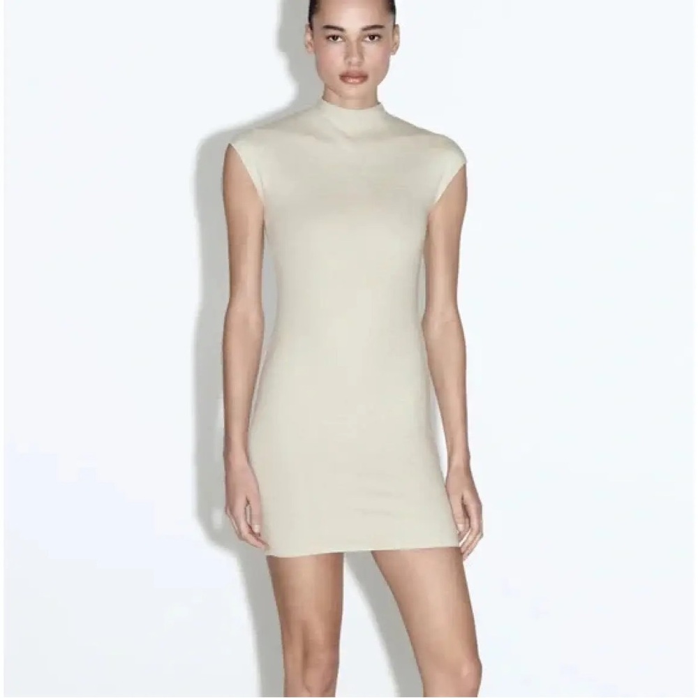 ZARA taupe mock neck cap sleeve stretch mini dress